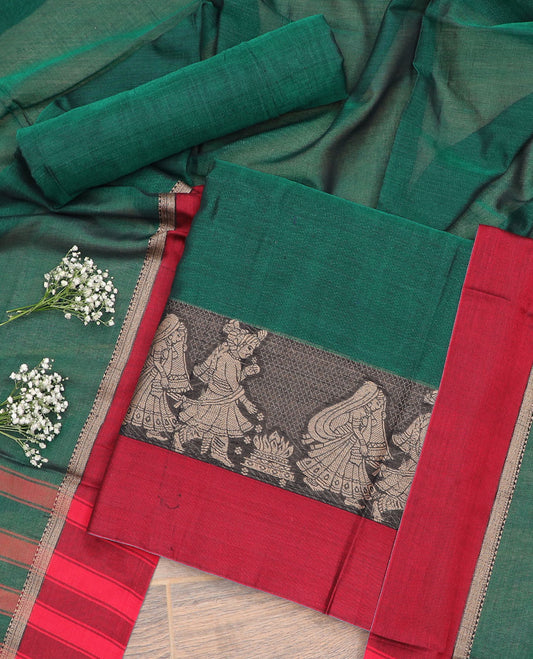 Dark green wedding design chudidhar material top with plain bottom & plain, intricate zari design border dupatta