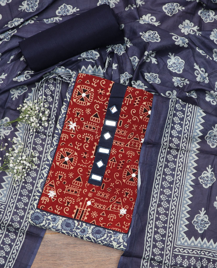 Elephant grey material chudidar set, floral vine print with cloth patch embroidered top, plain bottom, and batik-style floral printed dupatta
