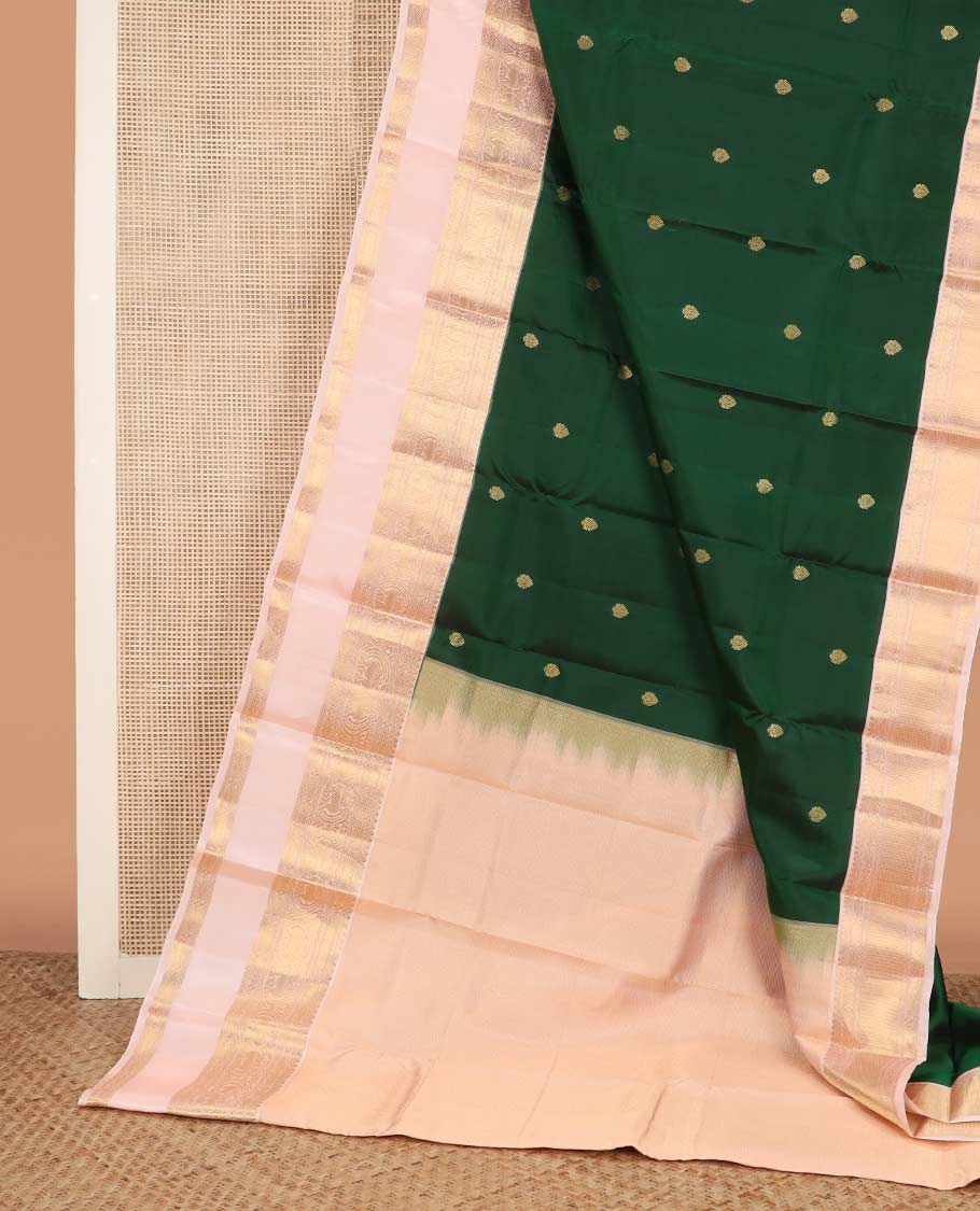 Green zari buttas Vasundhara silk mix saree, contrast rettai pettu border of rekku, kathir, round yaali, and zari designs, and vanki design pallu