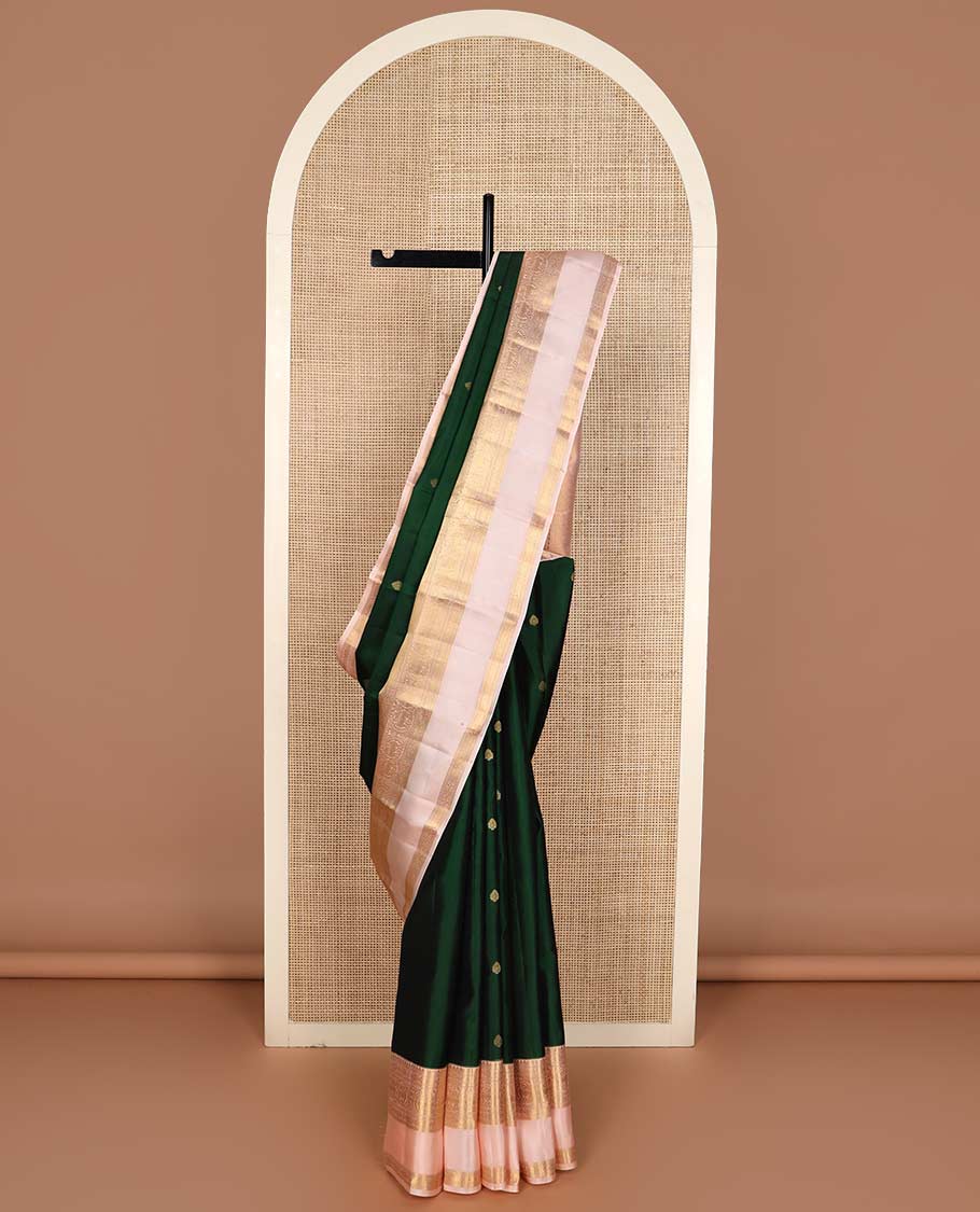 Green zari buttas Vasundhara silk mix saree, contrast rettai pettu border of rekku, kathir, round yaali, and zari designs, and vanki design pallu