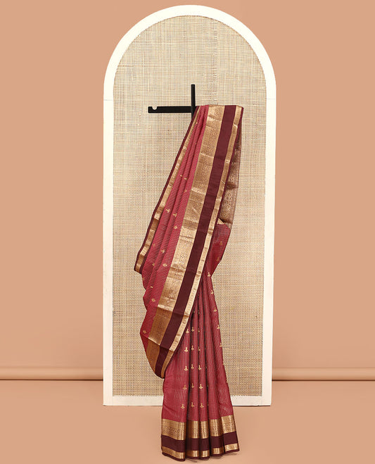 Red Vasundhara Lite Silk Mix Saree, Prettified with Zari Buttas and Micro-Checks on Its Body, Complemented by a Contrast Border of Manga, Neli, Kamalam, and Mayil Designs, Boldly Accentuated Pallu, and Paired with a Contrast Blouse