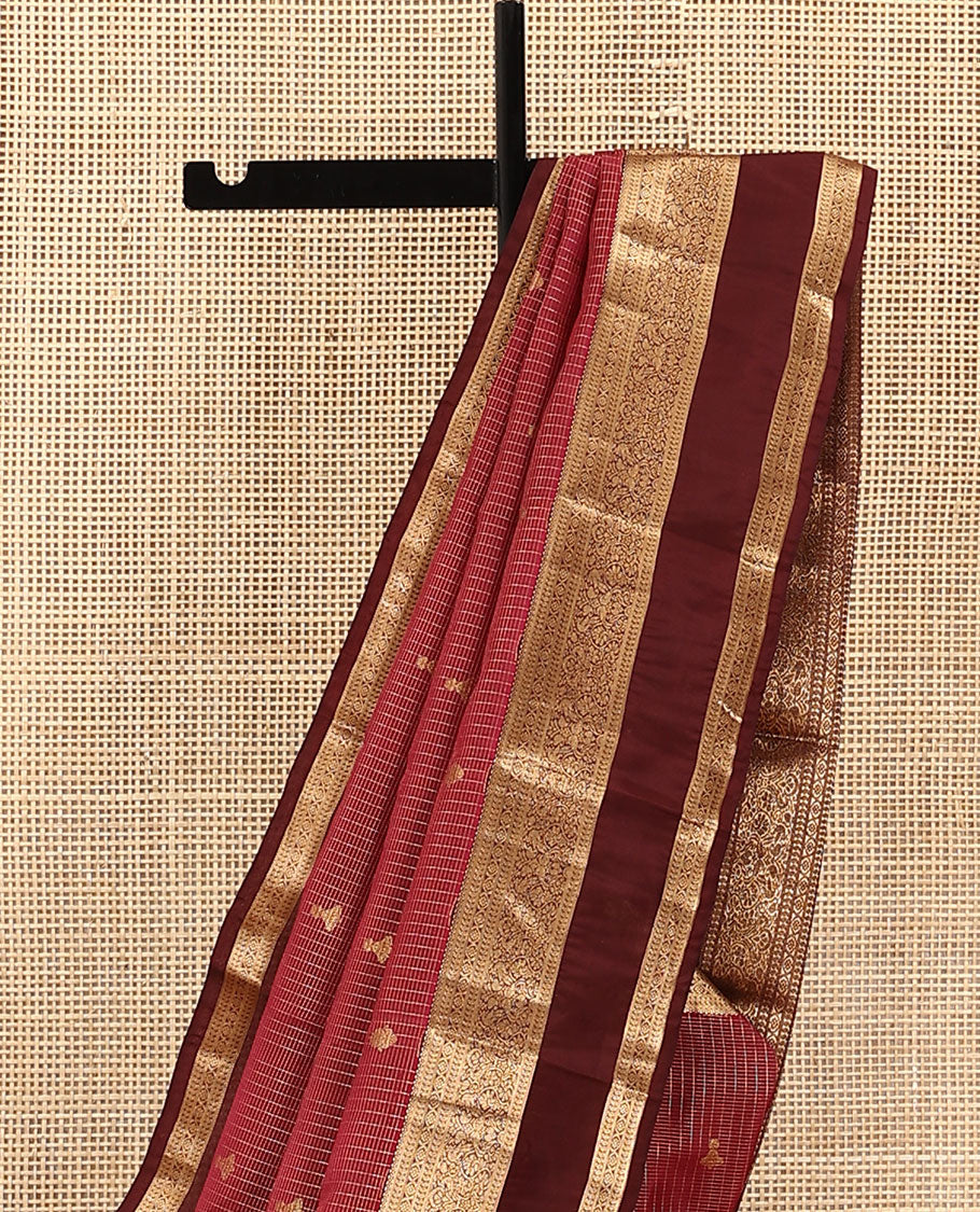 Red Vasundhara Lite Silk Mix Saree, Prettified with Zari Buttas and Micro-Checks on Its Body, Complemented by a Contrast Border of Manga, Neli, Kamalam, and Mayil Designs, Boldly Accentuated Pallu, and Paired with a Contrast Blouse