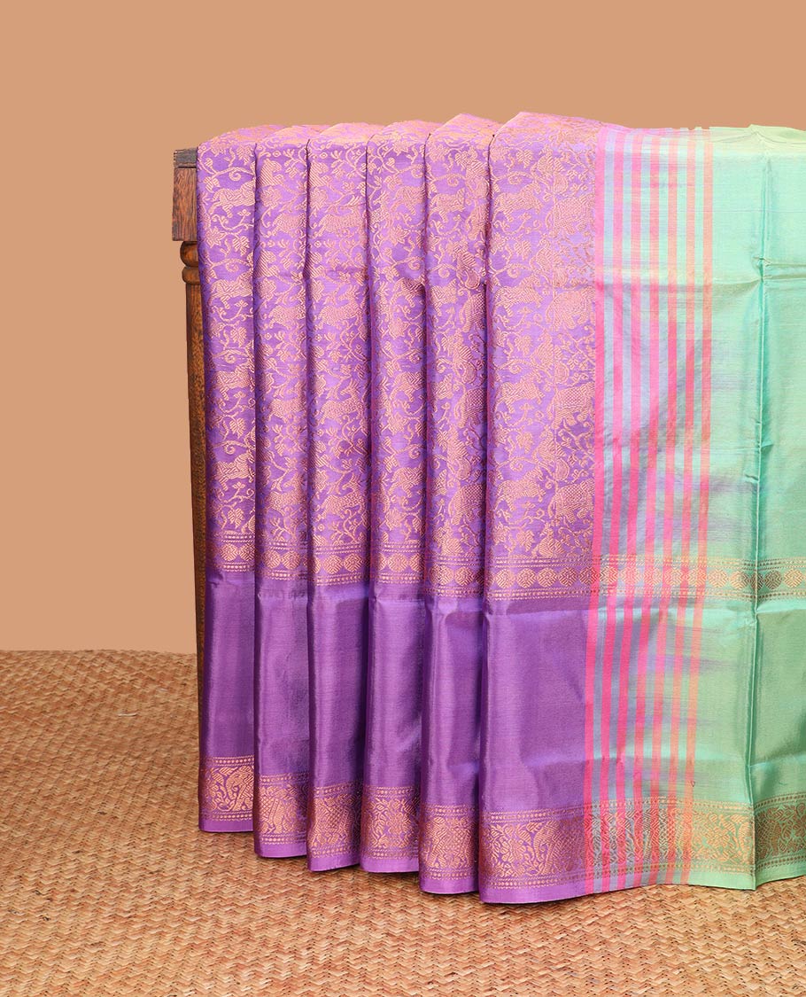 Purple floral jacquard banana pith saree with self floral, elephant design border & striped pallu