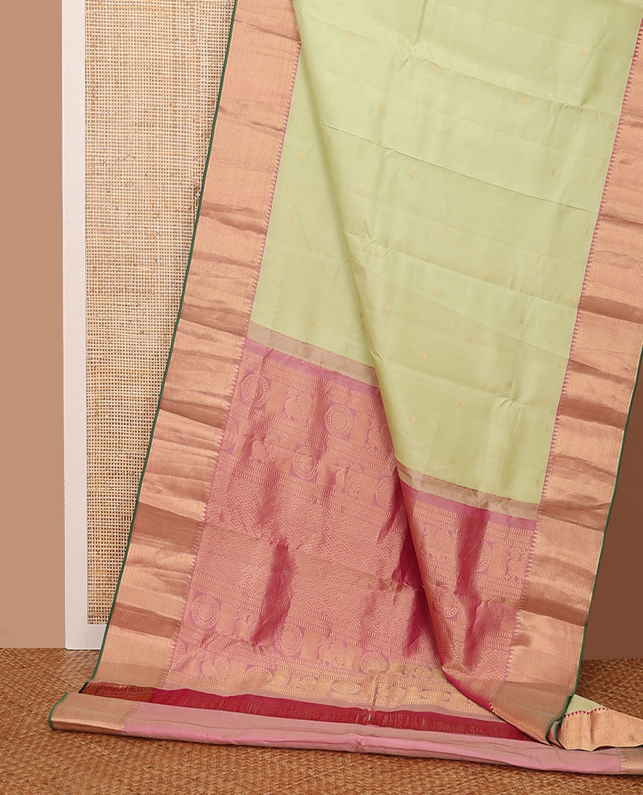 Pale green zari buttas silk saree, contrast jaal & annam chakram design pallu & border of rekku,kathir & then kuli kann