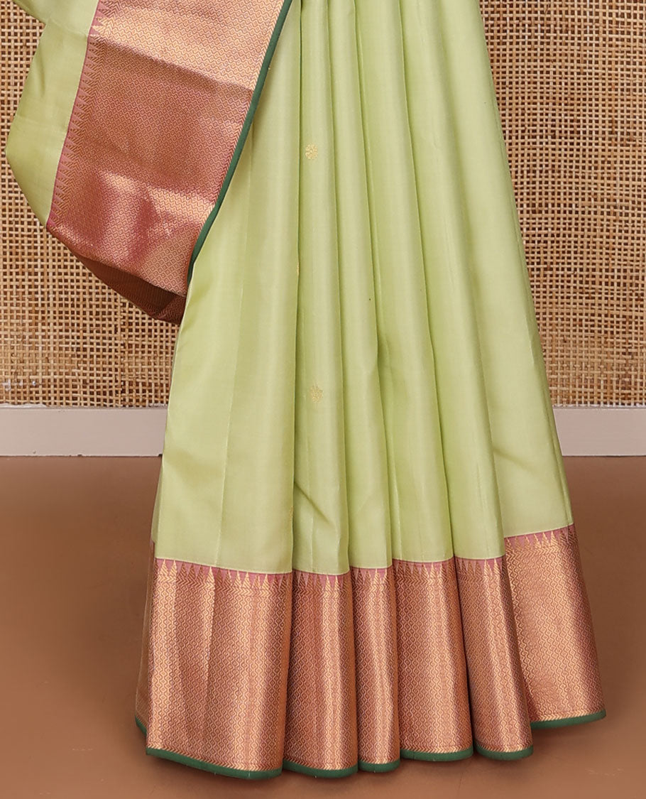 Pale green zari buttas silk saree, contrast jaal & annam chakram design pallu & border of rekku,kathir & then kuli kann