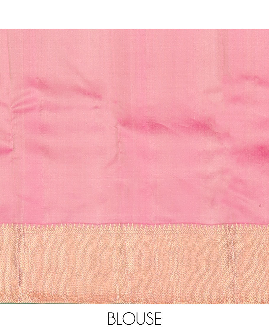 Pale green zari buttas silk saree, contrast jaal & annam chakram design pallu & border of rekku,kathir & then kuli kann