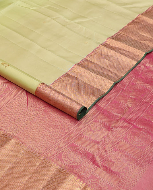 Pale green zari buttas silk saree, contrast jaal & annam chakram design pallu & border of rekku,kathir & then kuli kann