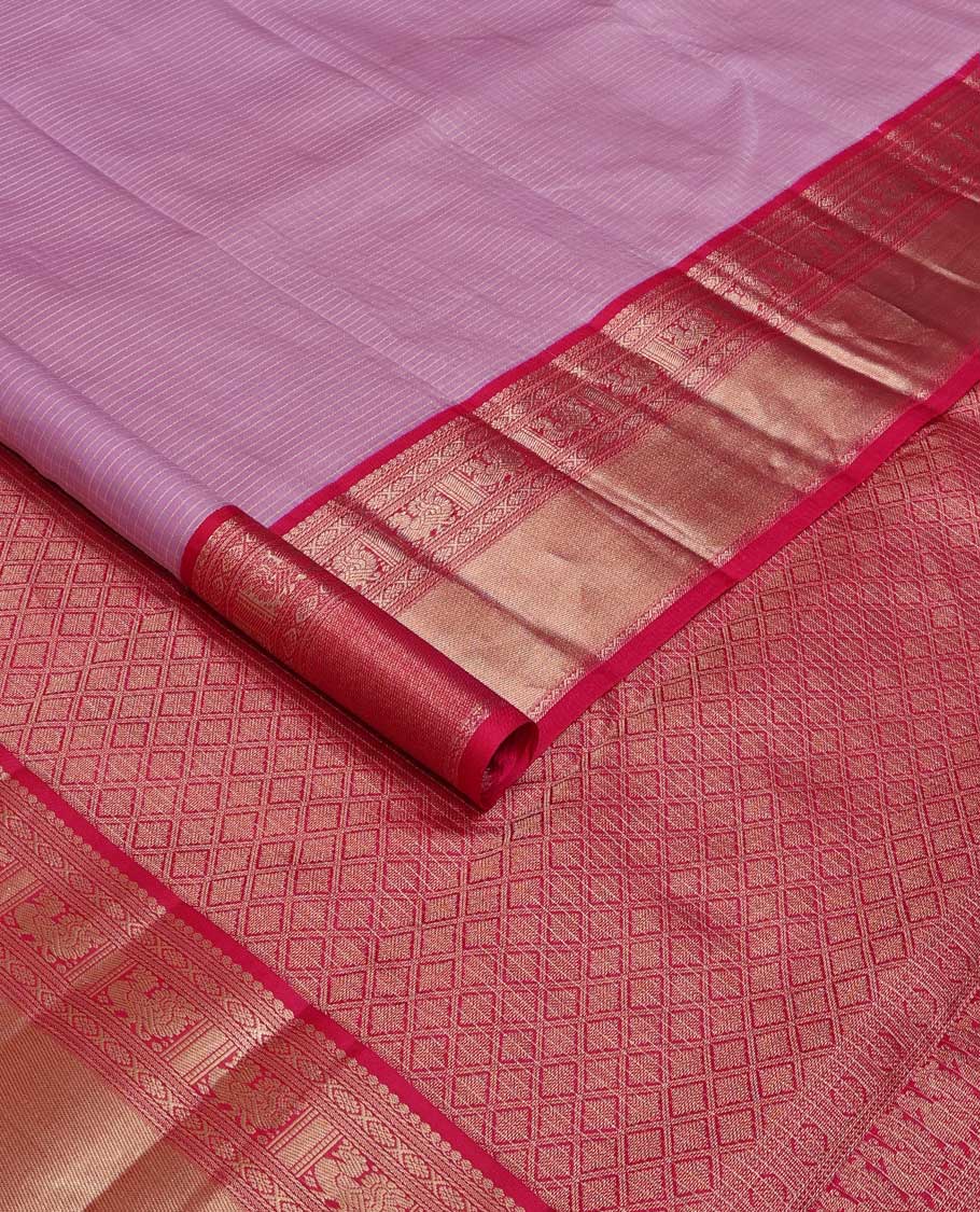 Pink zari striped silk saree, contrast border of salngai, cross kamalam, neli, and mayil designs and jaal pallu