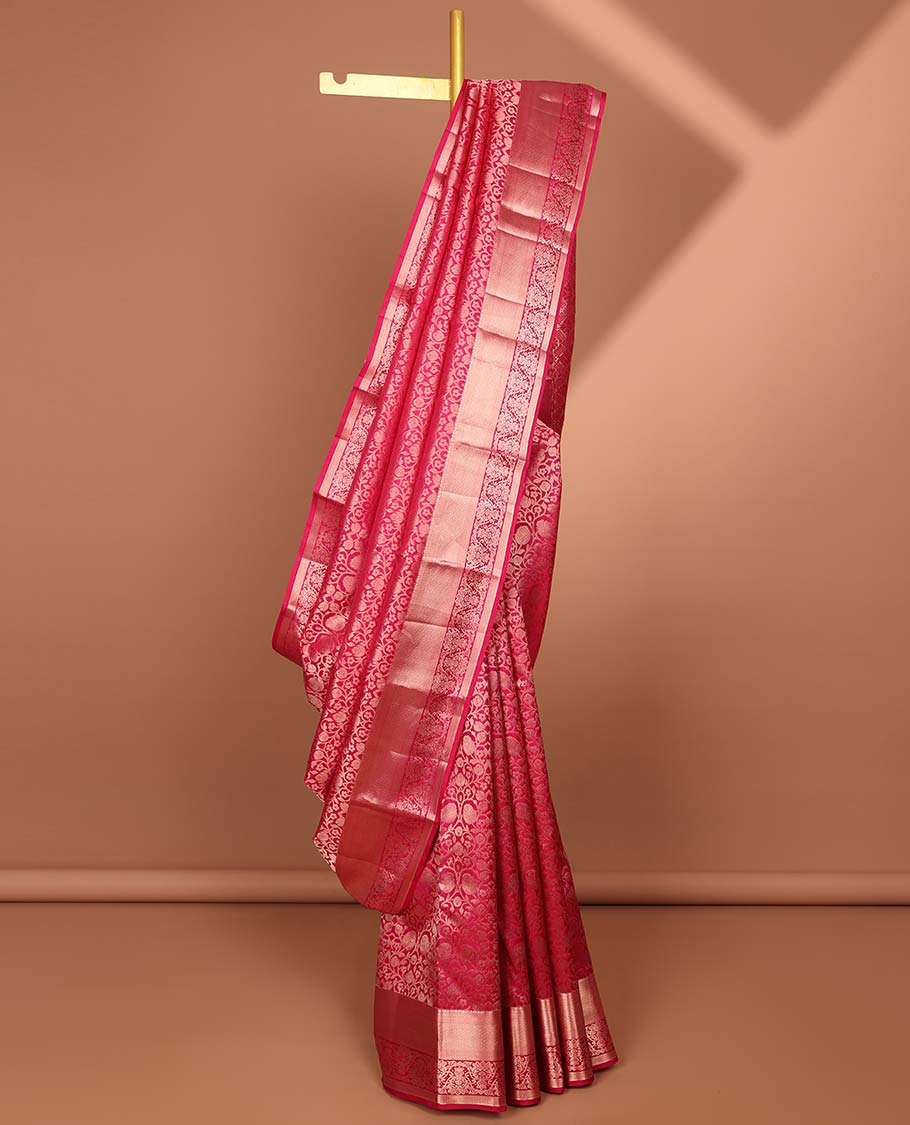 Pink floral jacquard kancheepuram silk saree with self zari design border & intricate floral zari design pallu