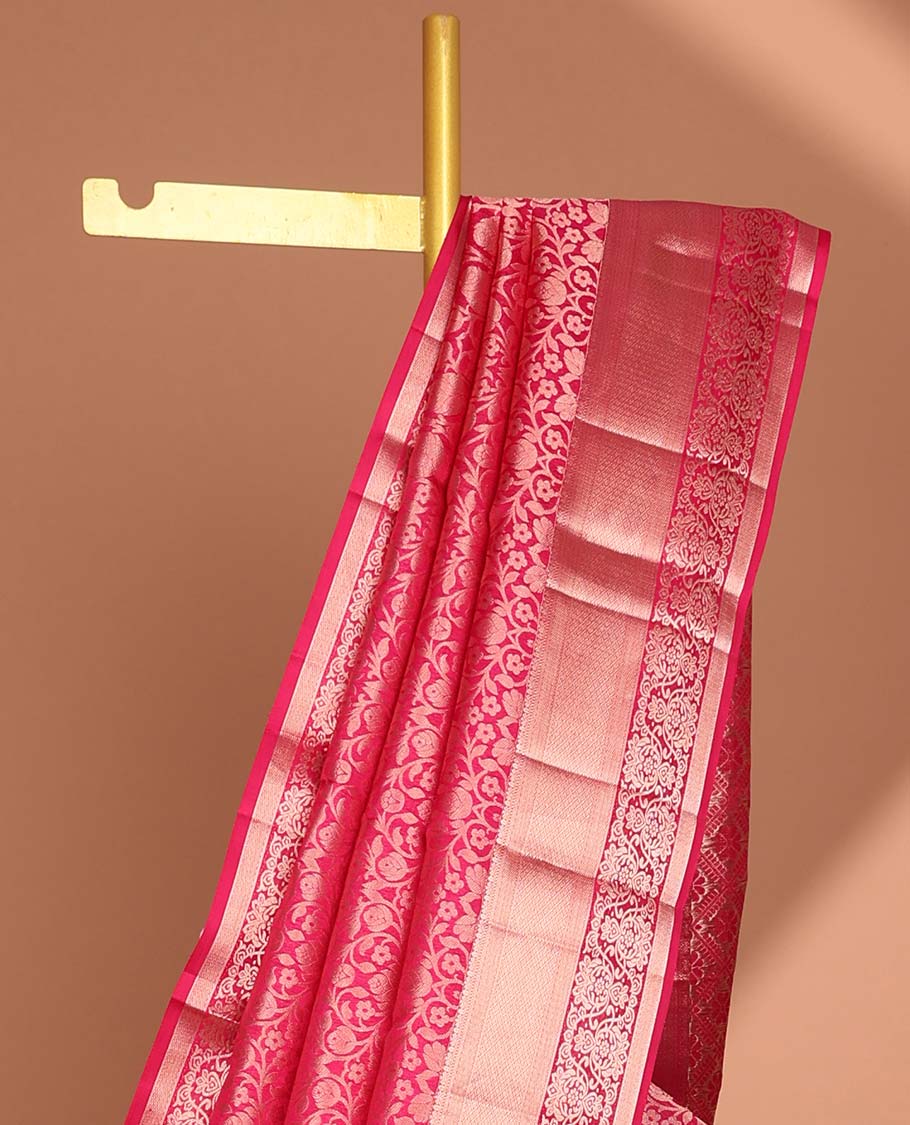 Pink floral jacquard kancheepuram silk saree with self zari design border & intricate floral zari design pallu