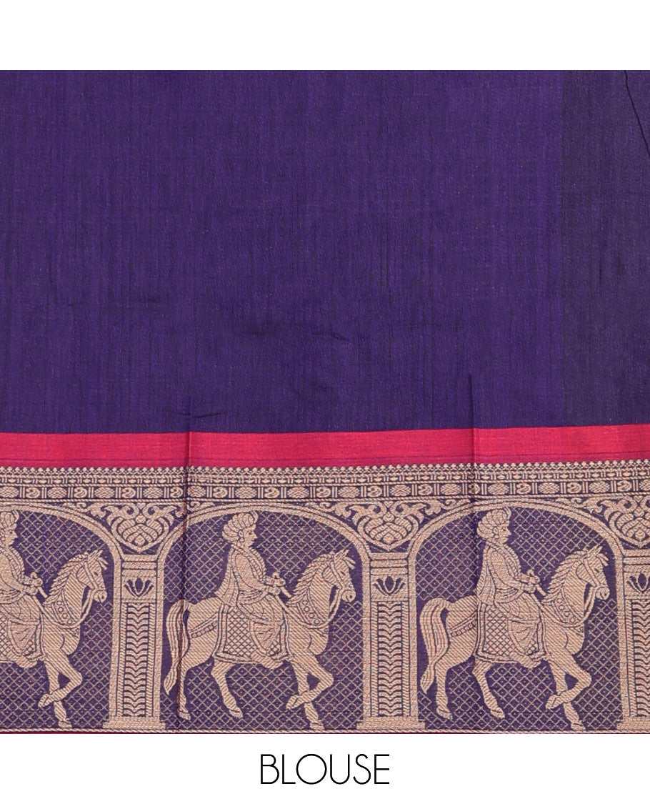 Ink blue cotton half-saree, plain with contrast man on the horse motifs bordered skirt, matching blouse, and contrast dhavani