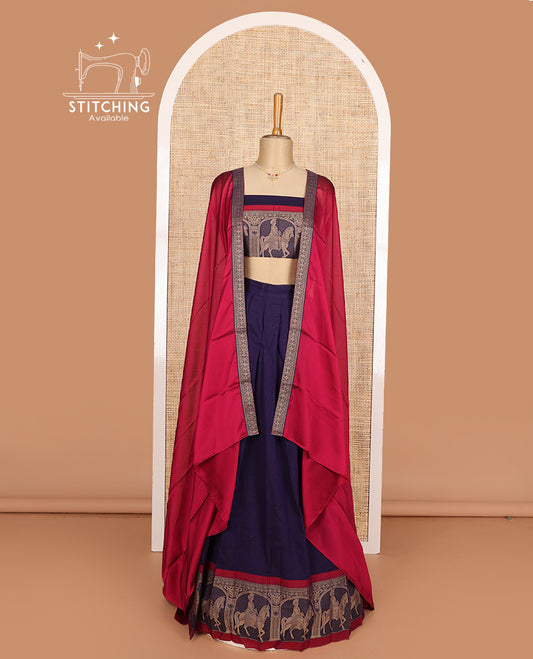 Ink blue cotton half-saree, plain with contrast man on the horse motifs bordered skirt, matching blouse, and contrast dhavani