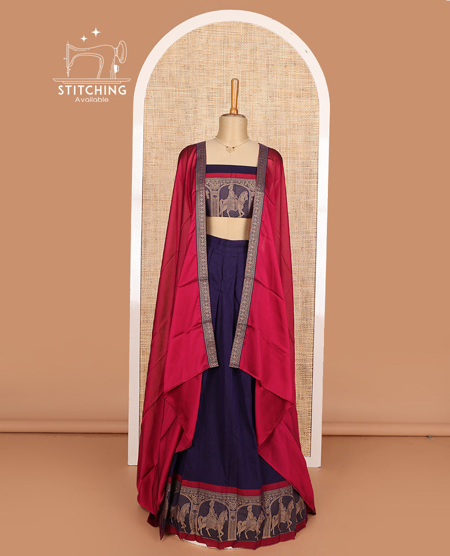 Ink blue cotton half-saree, plain with contrast man on the horse motifs bordered skirt, matching blouse, and contrast dhavani