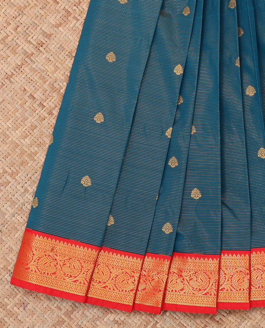 Blue Budget Silk Saree, Adorned with Zari Buttas and Stripes, a Contrast Traditional Zari Border, Jaal Pallu, and a Contrast Blouse