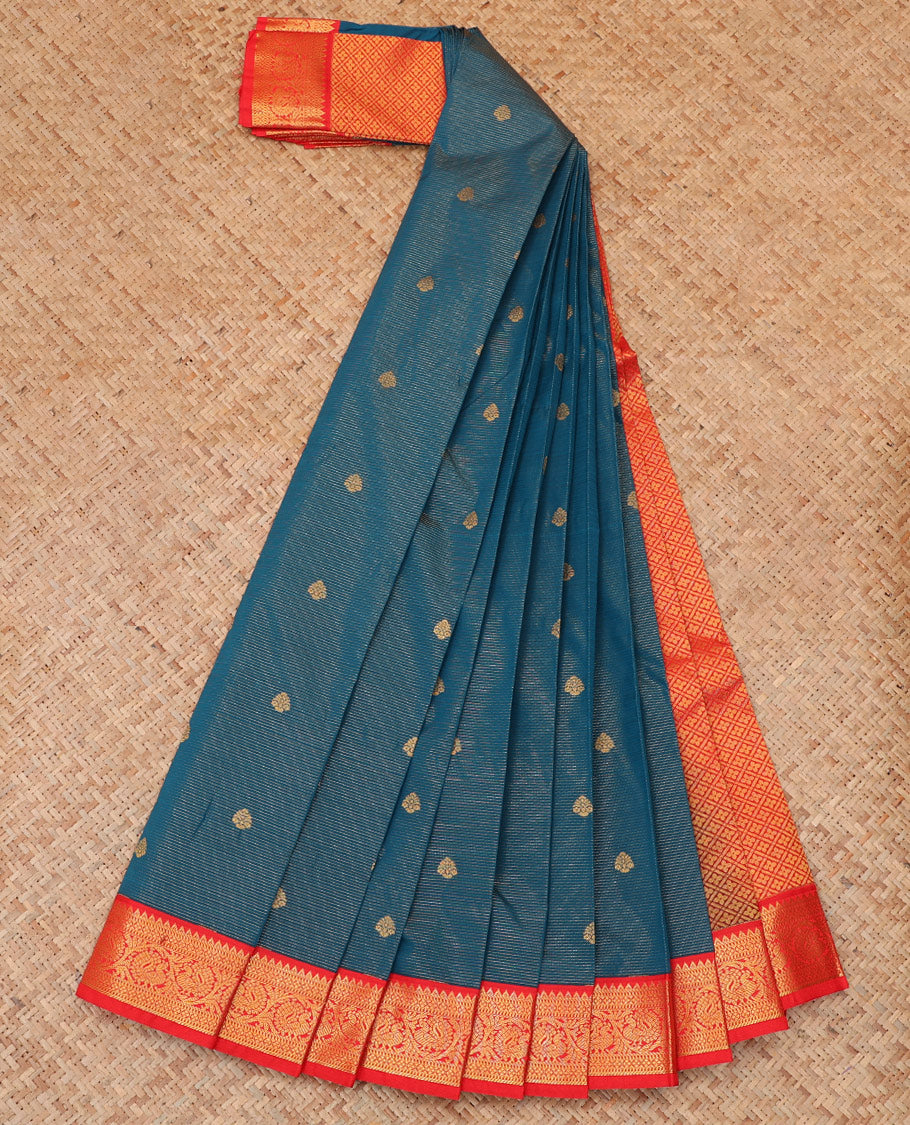 Blue Budget Silk Saree, Adorned with Zari Buttas and Stripes, a Contrast Traditional Zari Border, Jaal Pallu, and a Contrast Blouse