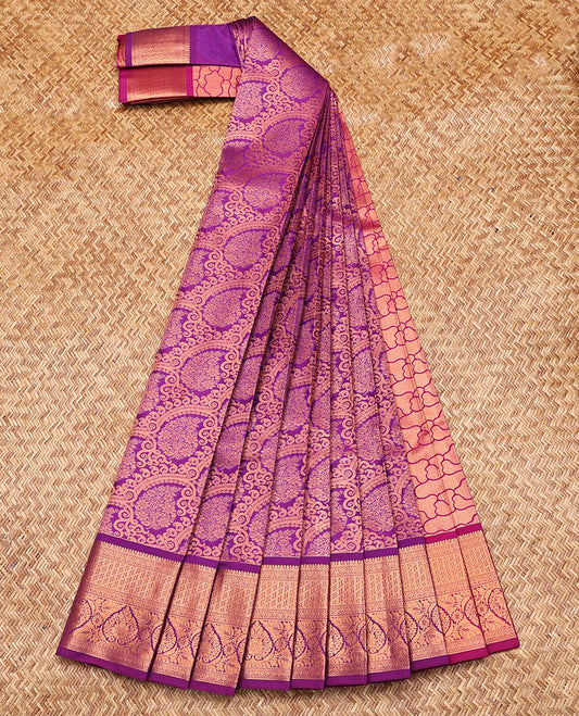 Purple Budget Silk Saree, Enthralled with Jacquard Design, Highlighted by Traditional Zari Border, Grand Pallu, and a Contrast Blouse