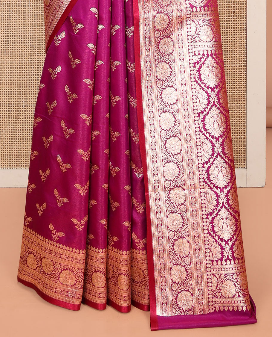 Pink Banarasi Nylon Saree, Detailed with Buttas, a Floral Creeper Zari Border, Intricate Pallu, and a Matching Blouse