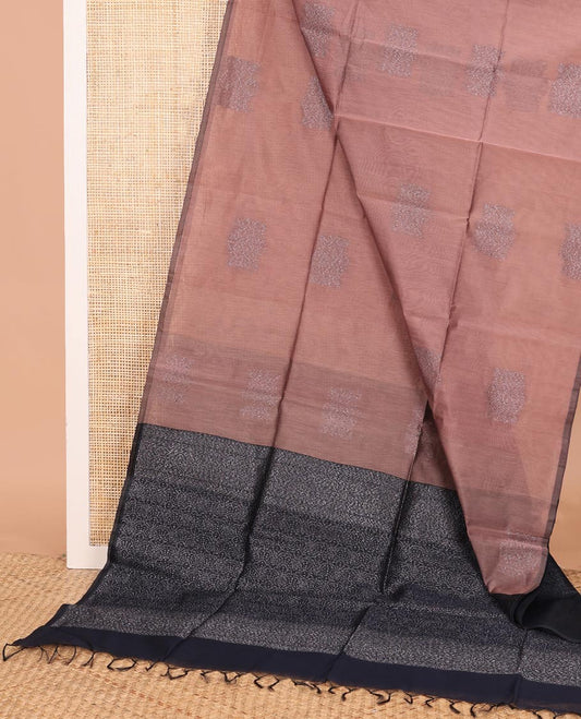 Borderless fawn brown zari buttas semi-silk cotton saree, contrast intricately designed pallu
