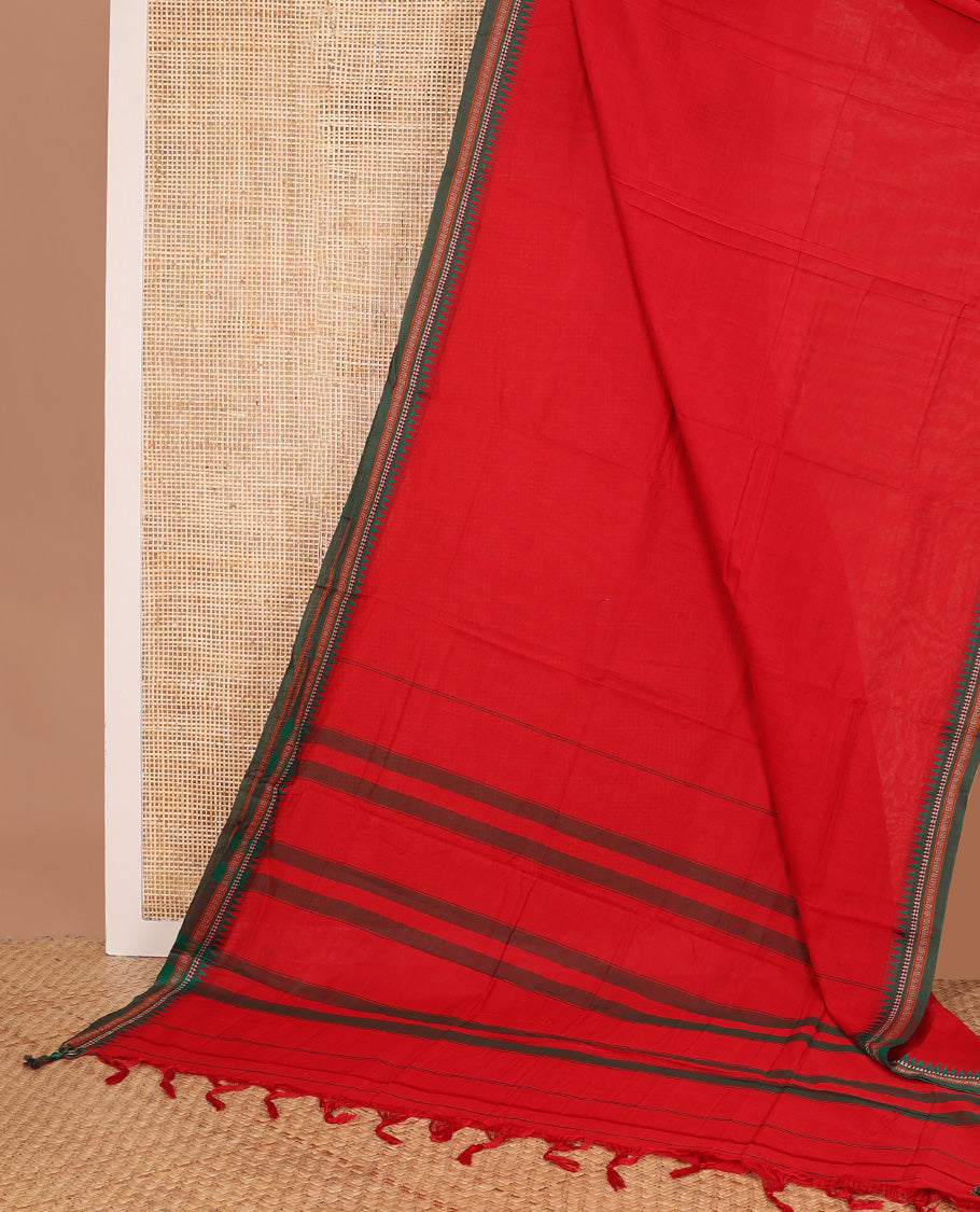 Red plain Narayanapet cotton saree, contrast traditional thread border, and striped pallu