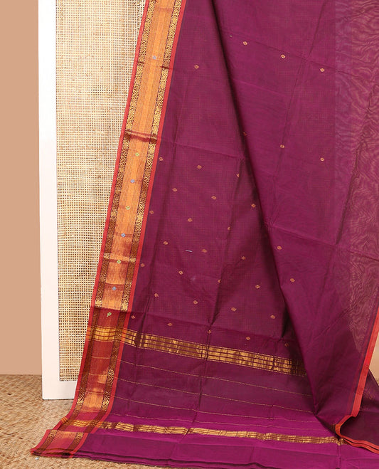 Burgundy zari buttas Venkatagiri cotton saree, contrast traditional zari border and pallu of stripes