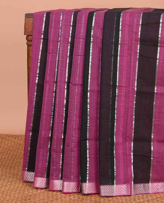 Purple and Black Striped Mangalagiri Cotton Saree, Complemented by Contrast Zari Border, Pallu of Stripes, and Paired with a Matching Blouse