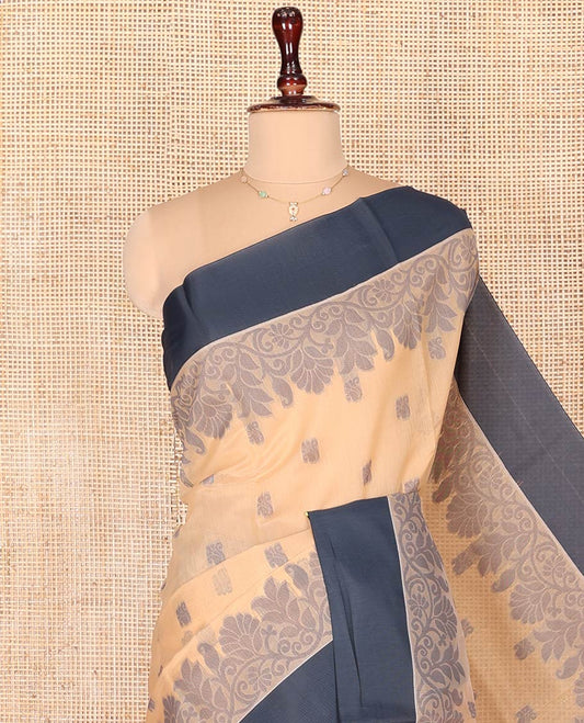 Sandal Semi-Silk Cotton Saree, Sparsely Woven with Floral Buttas on Its Body, Complemented by Contrast Border, Pallu Steeped with Floral Designs, and Paired with a Matching Blouse