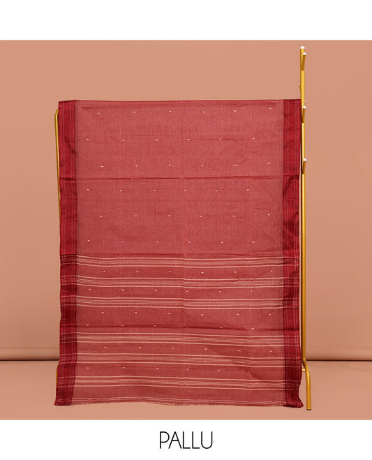 Red Bengal Cotton Saree, Woven with Buttas All Over Its Body, Complemented by a Contrast Thread Design Border, Pallu of Buttas and Stripes, and Paired with a Matching Blouse