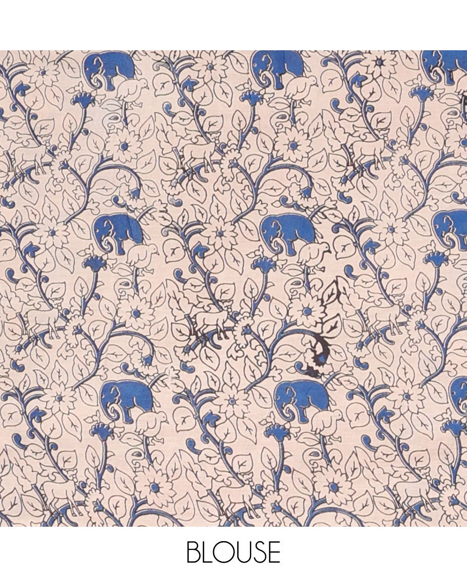 Blue elephant motifs machine-printed kalamkari cotton saree, paisley printed border & pallu of floral-geometric print