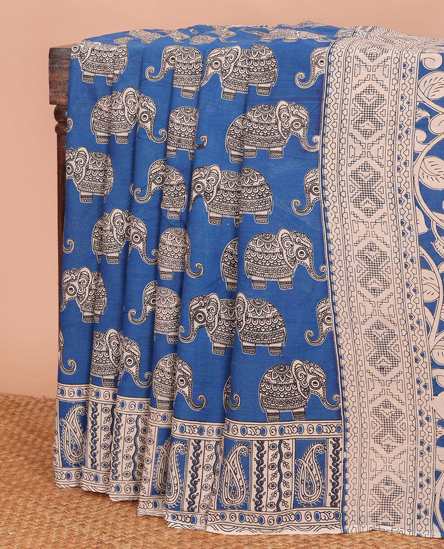 Blue elephant motifs machine-printed kalamkari cotton saree, paisley printed border & pallu of floral-geometric print