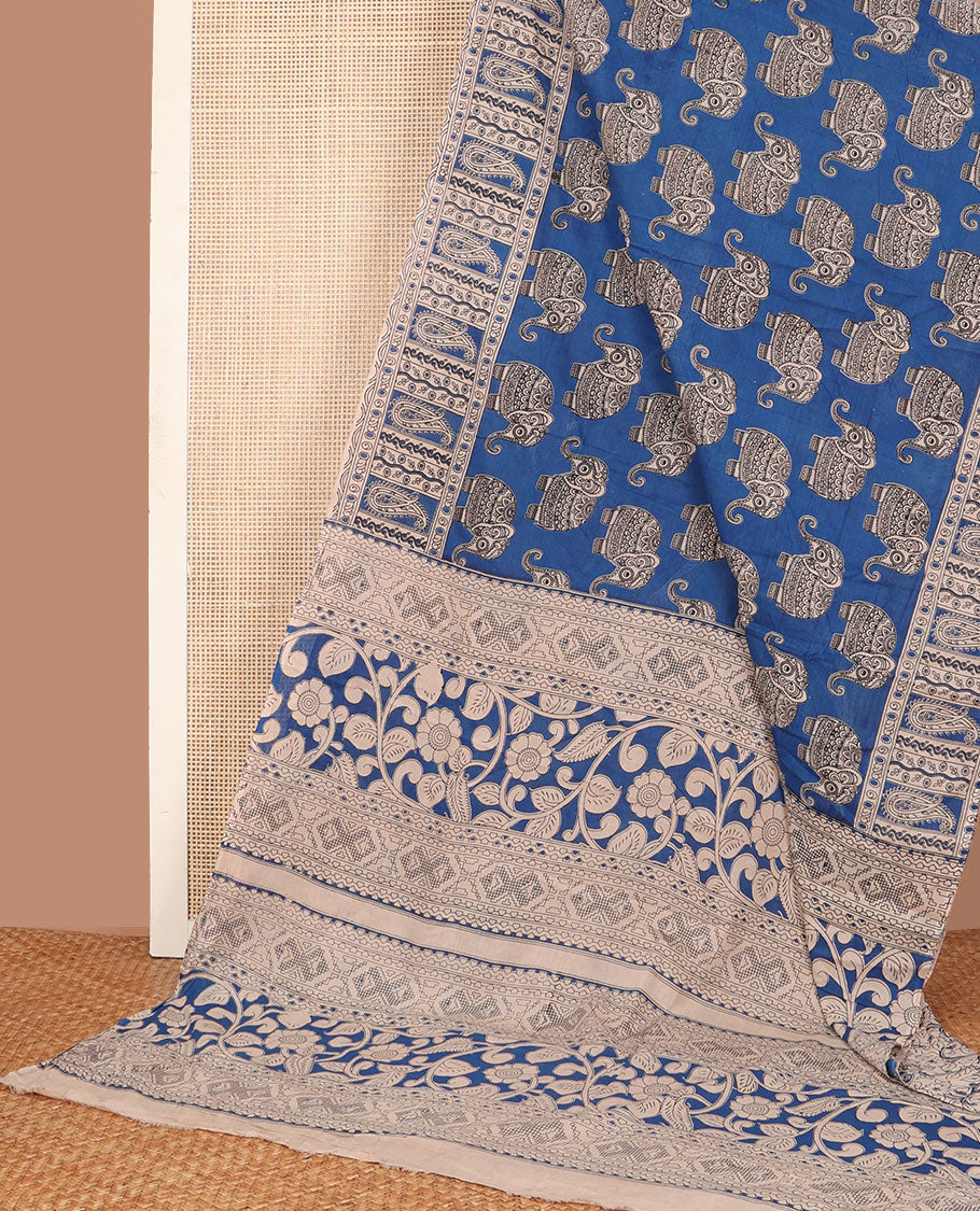 Blue elephant motifs machine-printed kalamkari cotton saree, paisley printed border & pallu of floral-geometric print