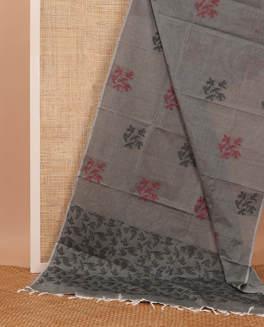 Borderless grey bird motifs Coimbatore cotton saree, pallu steeped with bird motifs