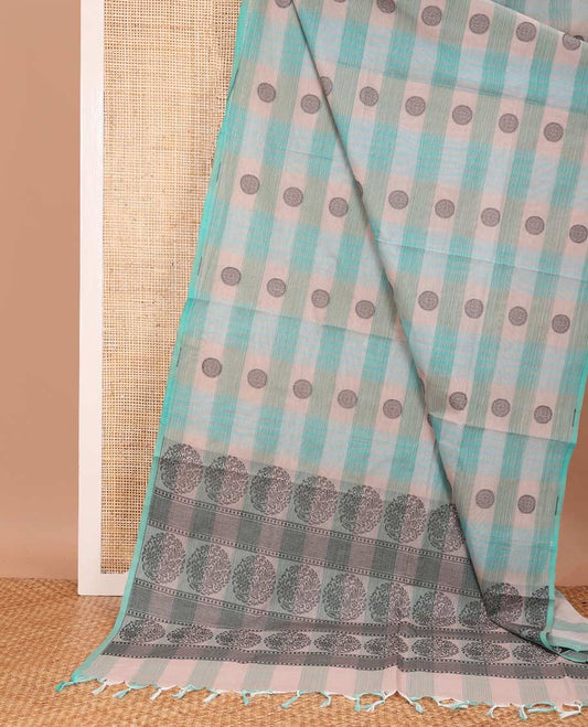 Borderless multi-color checked and chakram buttas Coimbatore cotton saree, pallu steeped with circular motifs