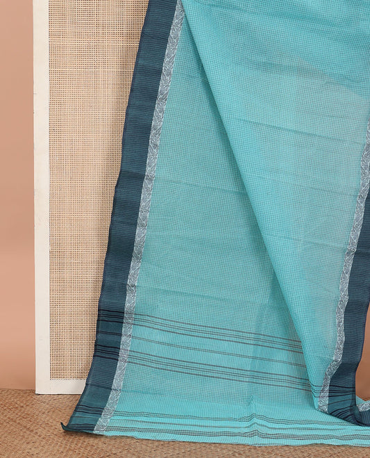 Blue Bengal Cotton Saree, Subtly Sparkled with Micro-Checked Designs on Its Body, Complemented by a Contrast Floral Design Border, and Pallu Steeped with Stripes