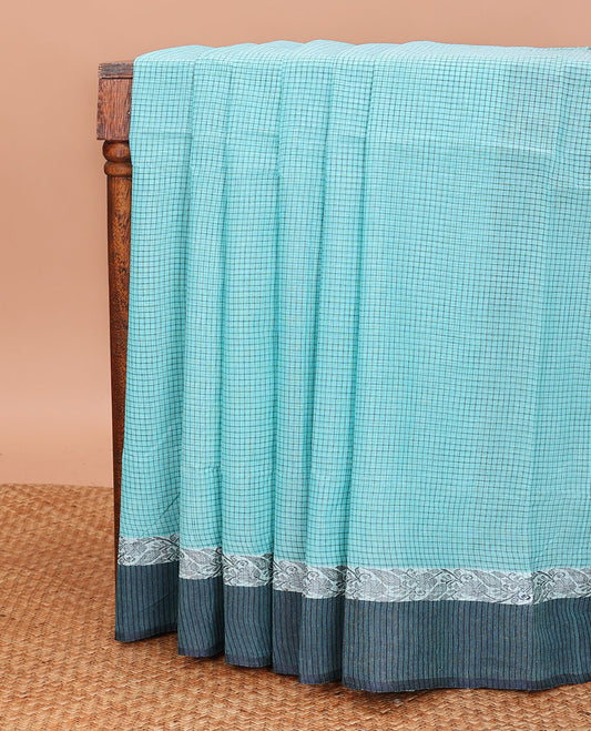 Blue Bengal Cotton Saree, Subtly Sparkled with Micro-Checked Designs on Its Body, Complemented by a Contrast Floral Design Border, and Pallu Steeped with Stripes