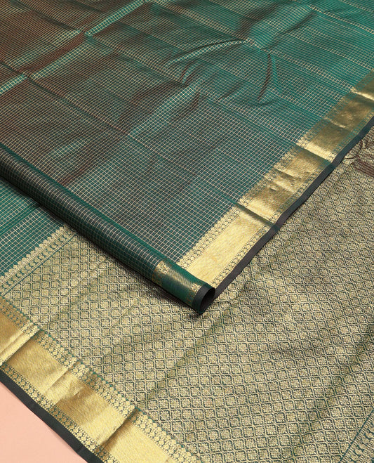 Green zari checked Kanchipuram silk saree,  zari border of thilakam mokku, muthu, and manga designs, and jaal pallu