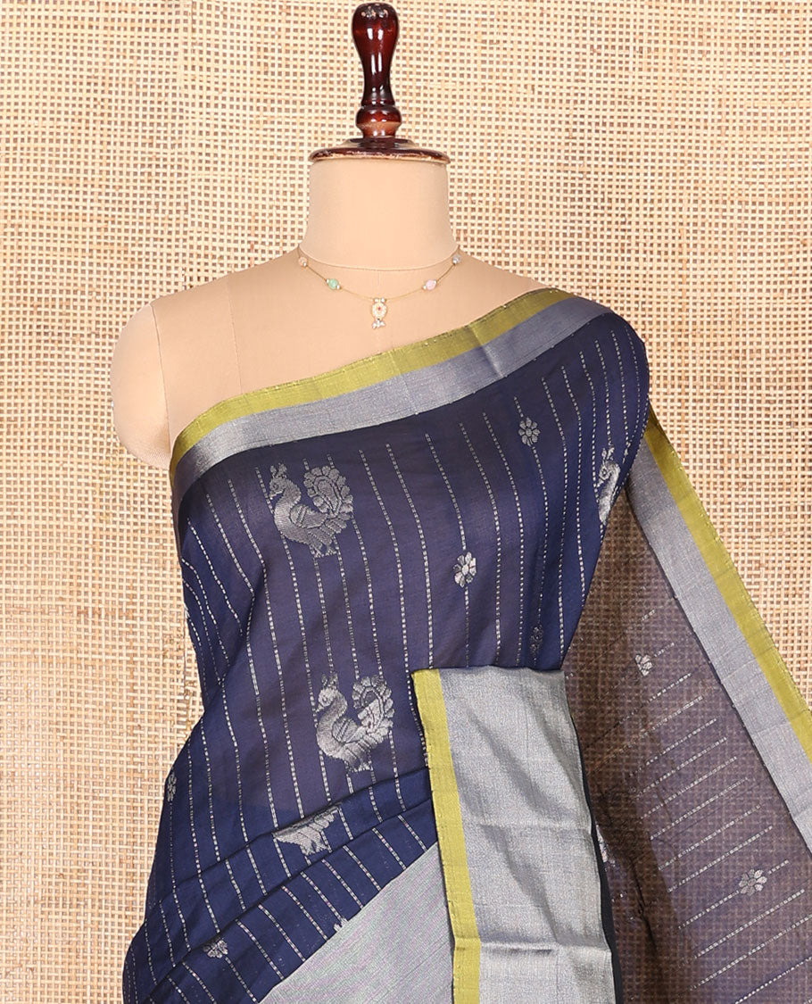 Blue Kuppadam Cotton Saree, Bedecked with Dotted Stripes and Peacock Buttas All Over Its Body, Complemented by a Bavanji Border, Pallu Elevated with Intricate Designs, and Paired with a Contrast Blouse