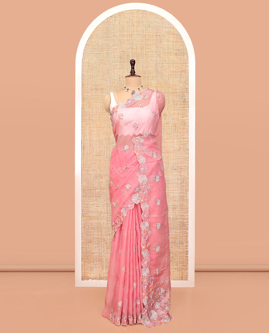Pink Organza Saree, Impeccably Styled with Flower-Color Thread Embroidery, a Scallop Border, and a Matching Blouse