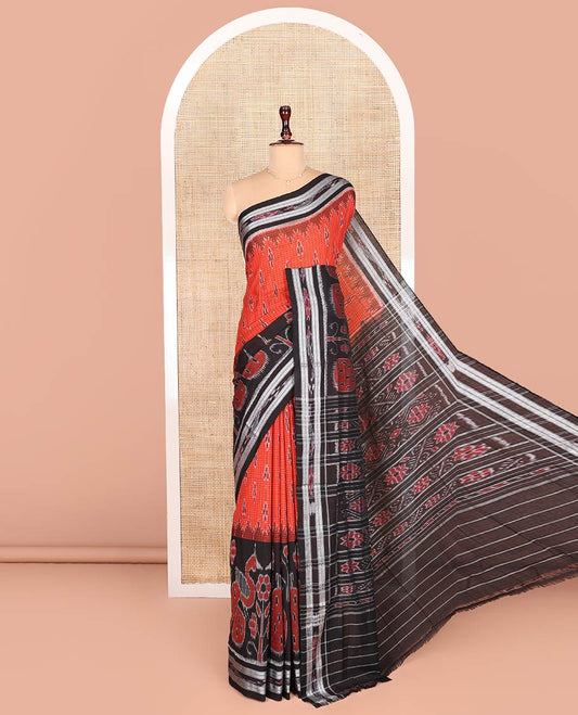 Orange Odisha Cotton Saree, Delicately Woven with Buttas and Checks All Over the Body, Complemented by a Contrast Temple Border of Geometric and Peacock Motifs in Hazily Weaves, Pallu Depicts of Floral Motifs in Hazily Weave, and Has No Blouse