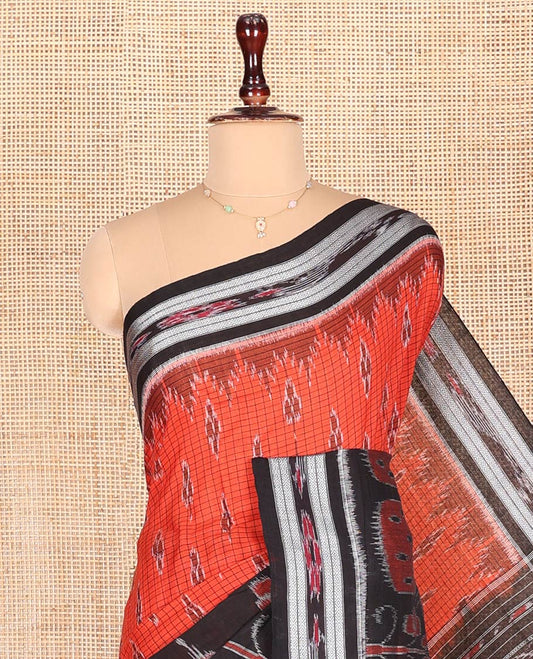 Orange Odisha Cotton Saree, Delicately Woven with Buttas and Checks All Over the Body, Complemented by a Contrast Temple Border of Geometric and Peacock Motifs in Hazily Weaves, Pallu Depicts of Floral Motifs in Hazily Weave, and Has No Blouse
