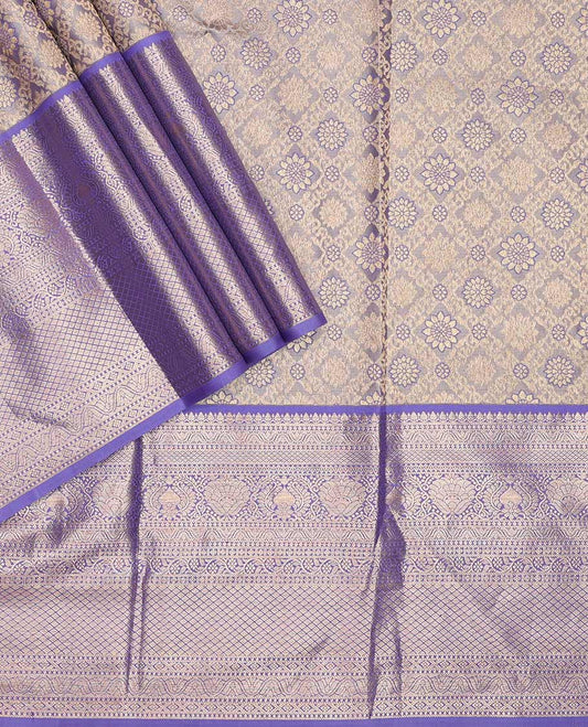 Grey pure silk half-saree, jacquard with contrast traditional zari bordered skirt, contrast zari design blouse, and zari design dhavani