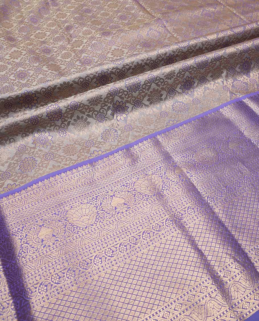 Grey pure silk half-saree, jacquard with contrast traditional zari bordered skirt, contrast zari design blouse, and zari design dhavani
