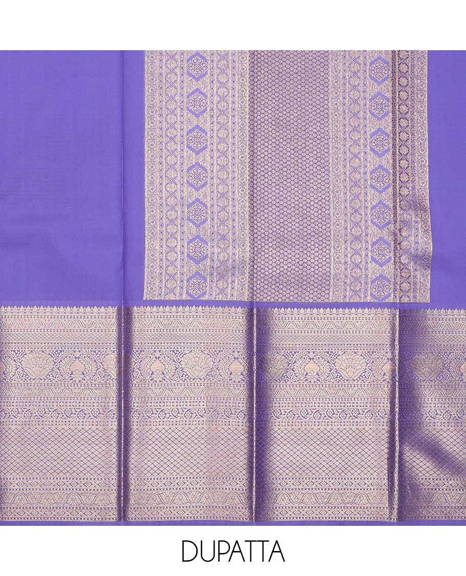 Grey pure silk half-saree, jacquard with contrast traditional zari bordered skirt, contrast zari design blouse, and zari design dhavani