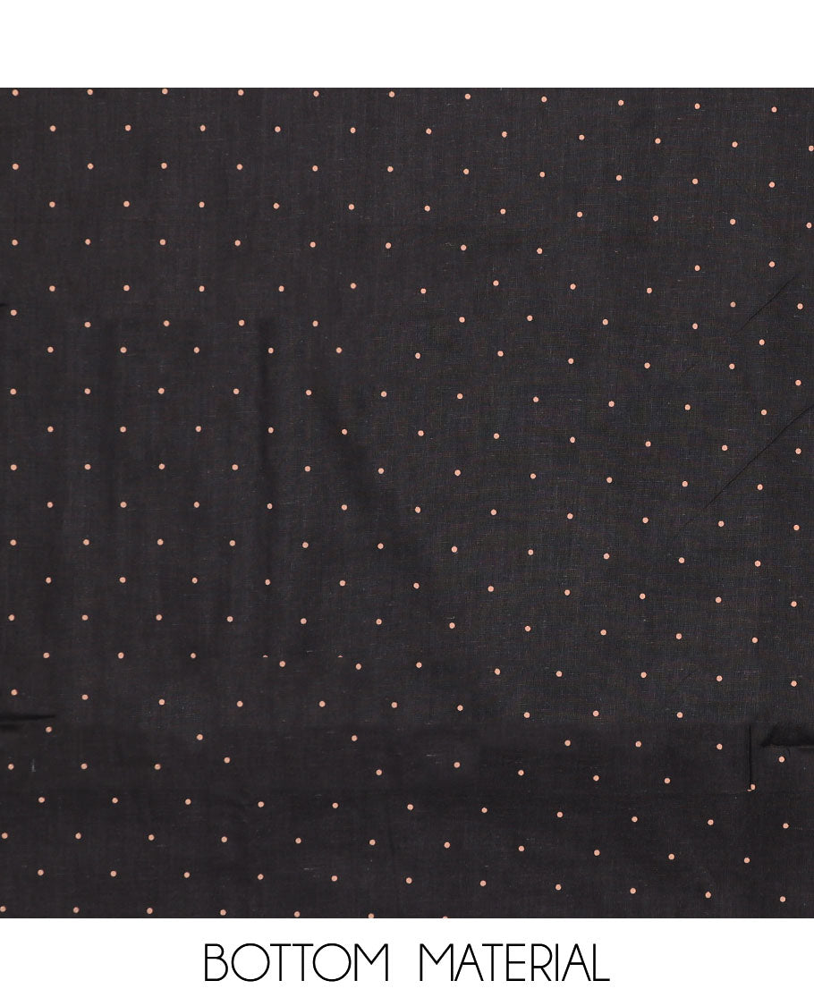 Black cotton chudidhar material set, intricately printed top, polka dot printed bottom & printed dupatta