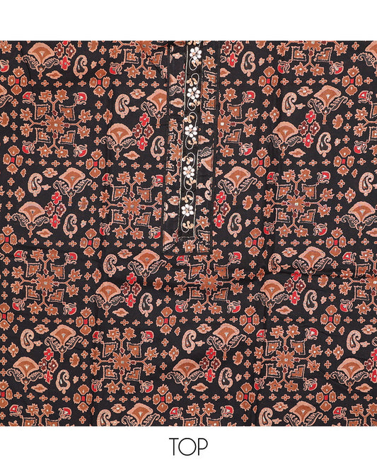 Black cotton chudidhar material set, intricately printed top, polka dot printed bottom & printed dupatta