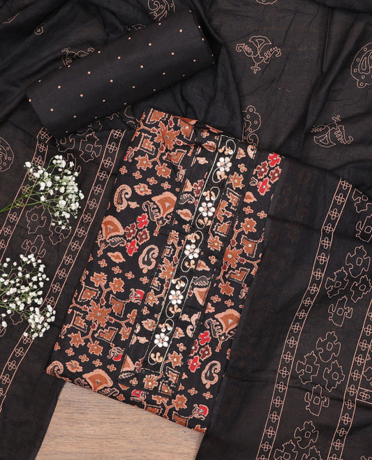 Black cotton chudidhar material set, intricately printed top, polka dot printed bottom & printed dupatta