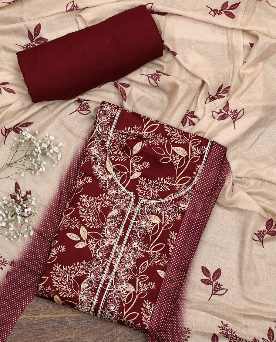 Maroon material chudidar set, floral print with neck embroidered top, plain bottom, and a contrast floral printed dupatta
