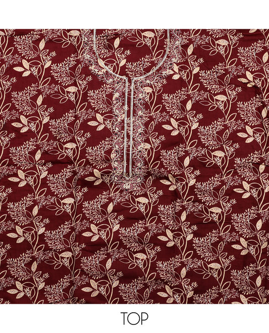 Maroon material chudidar set, floral print with neck embroidered top, plain bottom, and a contrast floral printed dupatta