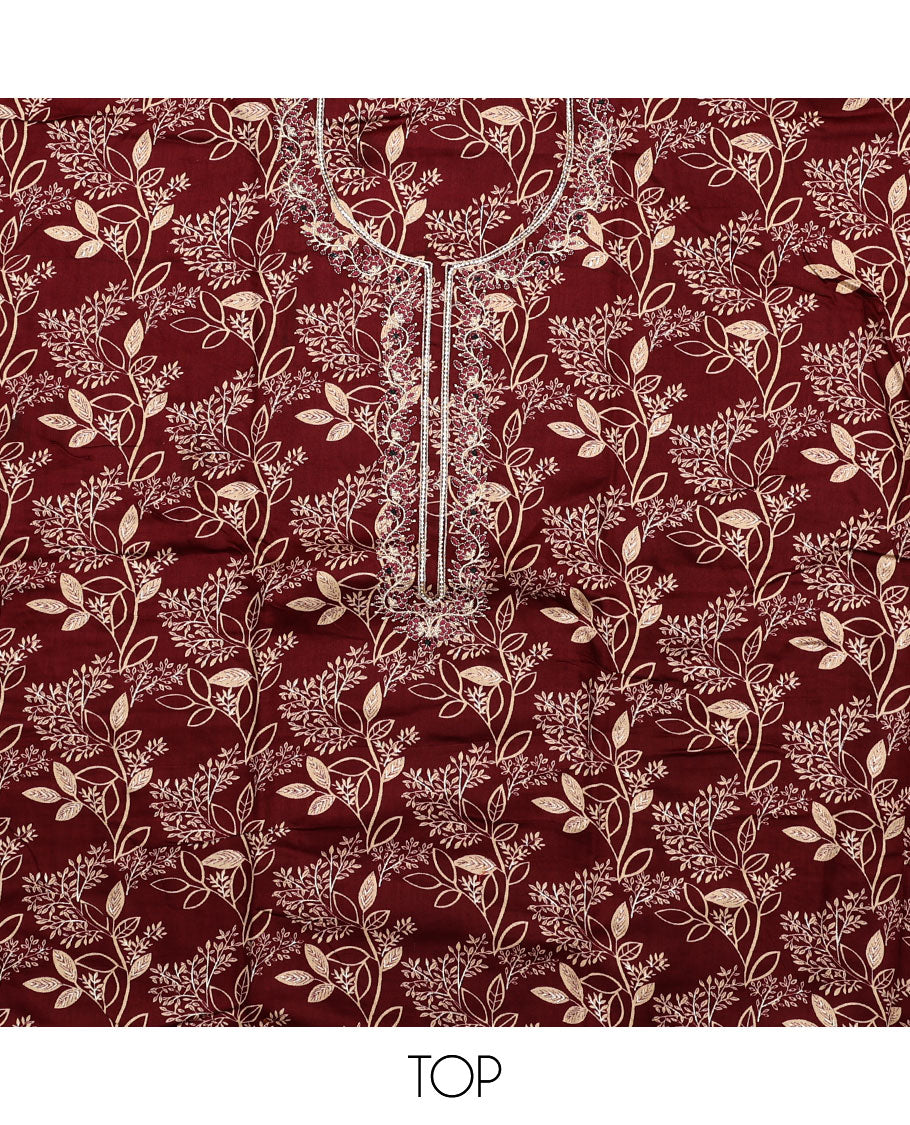 Maroon material chudidar set, floral print with neck embroidered top, plain bottom, and a contrast floral printed dupatta