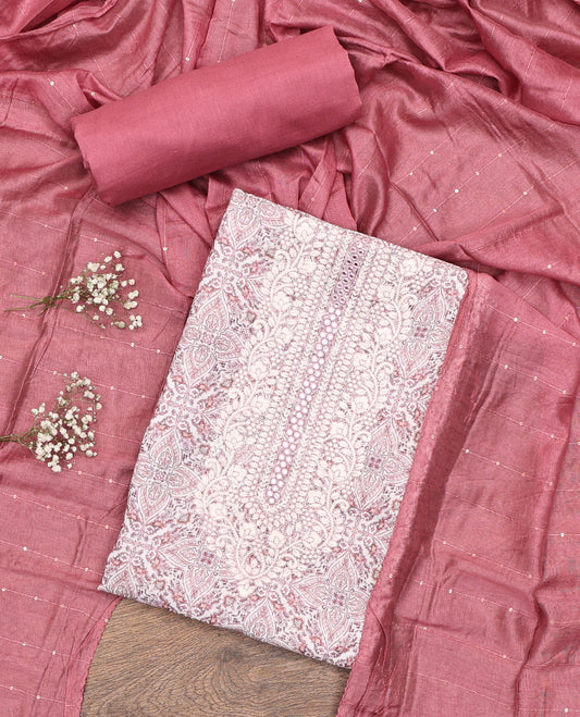 Off-White-Pink Material Chudidar Set, Adorned with Intricate Motifs Print, and Embroidery on Its Jute Cotton Top, a Plain Cotton Bottom, and Paired with Contrast Sequins Striped Chanderi Cotton Dupatta
