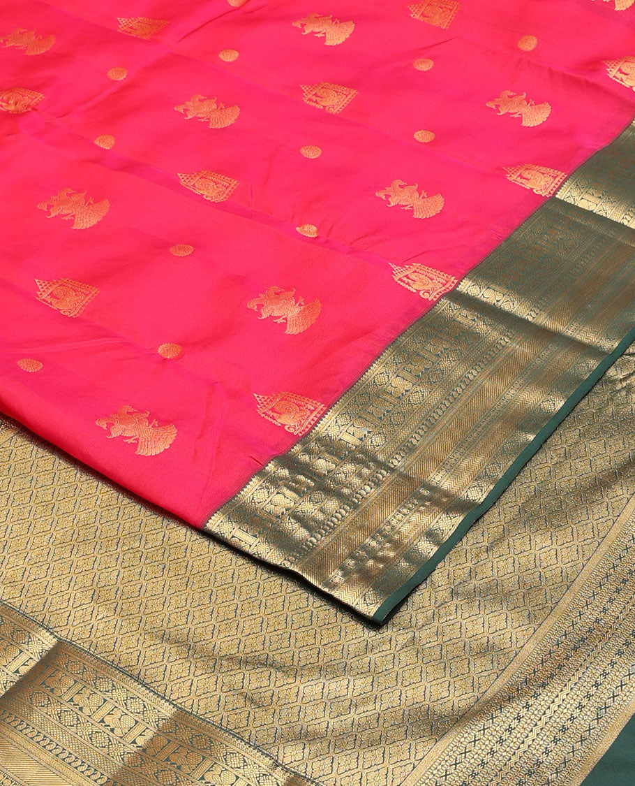 Pink mayil & iruthalai pakshi buttas vasundhara silk mix saree, contrast border of thilakam mokku,banaras,laddu kamalam,mayil,manga mokku,vanki & kuyil kann & jaal pallu